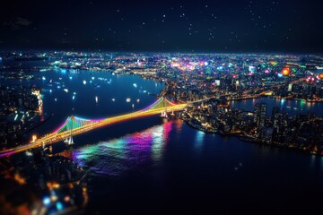 Fototapeta premium Illuminated Tokyo Bay metropolis at night showcasing vibrant city lights and colorful bridge, Aerial illuminated Metropolis city night Tokyo Tower Odaiba Japan