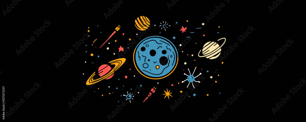 Poster colorful celestial bodies and planets in space with stars and asteroids on black background - vector