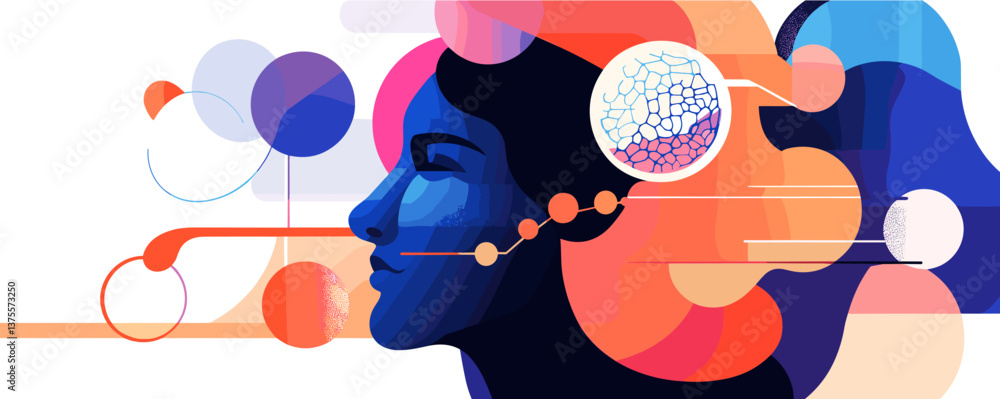 Poster abstract neural network concept with human profile and brain visualization, multicolor – vector.