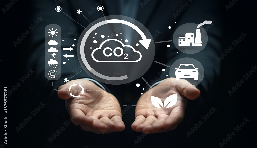 Poster conceptual image of hands holding co2 reduction symbols and icons representing climate change soluti