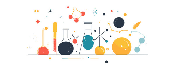 Obraz premium Chemistry laboratory equipment with colorful molecules and abstract shapes - vector.