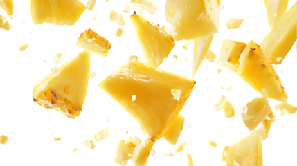 Pineapple chunks floating in air against a black background creating a dynamic composition