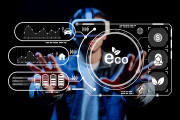 Futuristic Technology Interface with Eco-Friendly Symbols and Data Analytics in a Virtual Environment