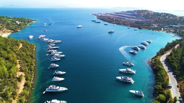 Paradise Bay (Turkish: Cennet Koyu) in Bodrum. Mugla, Turkey. One of the most beautiful bays in Bodrum with blue sea and nature. Drone shot.