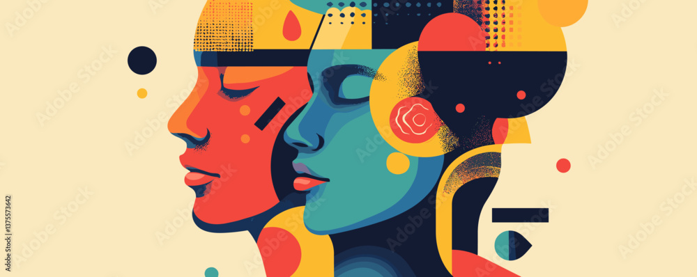 Poster colorful abstract faces with geometric patterns and vibrant shapes vector.
