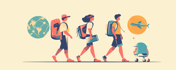 Fototapeta premium Group of travelers with backpacks and globe, airplane symbolizing adventure and exploration - vector.