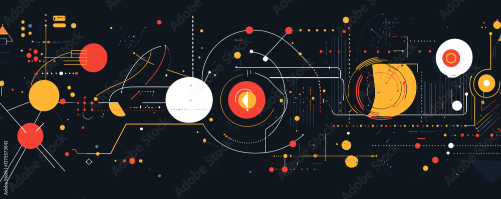 Poster abstract geometric technology art with circular and line patterns on dark background vector.