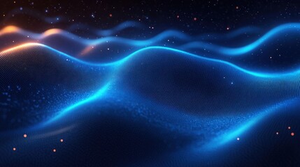 Futuristic Abstract Wave Technology Background with Blue Glowing Digital Particles and Neon Light Effects