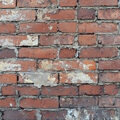 Obraz premium Red Brick Wall Texture: A weathered red brick wall with faded mortar and chipped paint creates a captivating texture, showcasing the passage of time and the rustic beauty of urban decay.