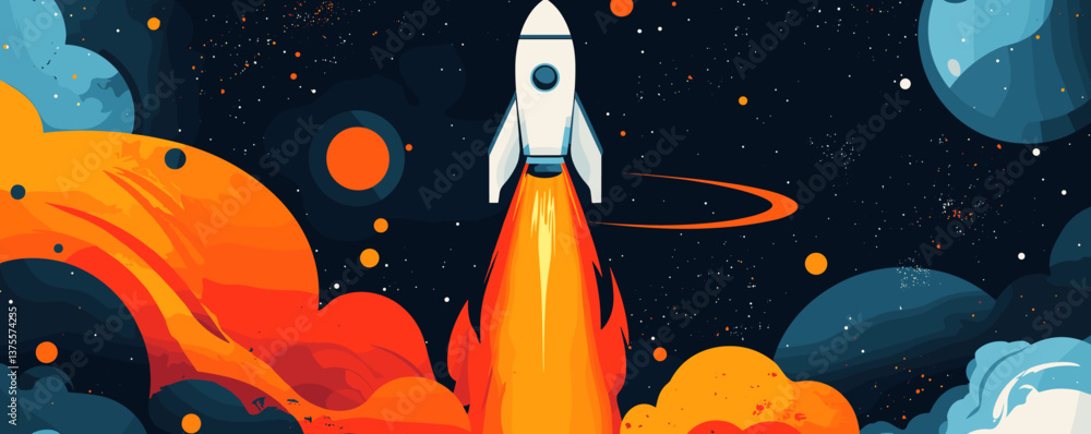 Poster rocket launching through colorful outer space with planets and stars, abstract art - vector.