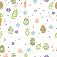 Easter seamless texture, pattern, chicken eggs with graphic pattern of flowers, rabbit. vector illustration for the Happy Easter holiday. Spring background for decoration.