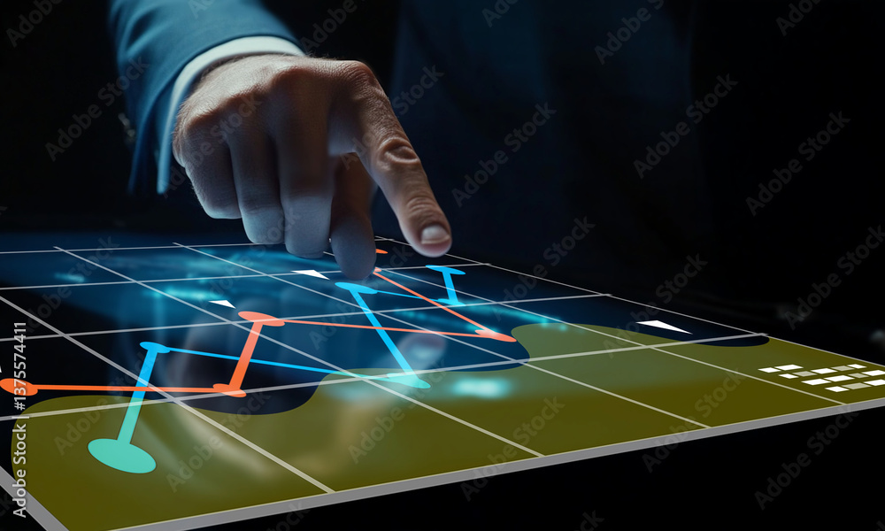 Poster person analyzing financial data on interactive screen touching with finger, modern technology concep