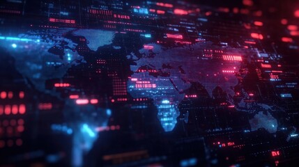Futuristic Digital World Map with Glowing Data Points and Cyberpunk Aesthetic for Big Data Visualization