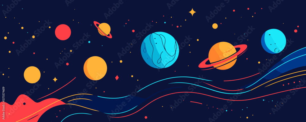 Aufkleber colorful planetary system with stars and waves in space, abstract outer space art - vector.
