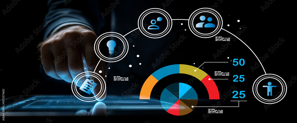 Poster innovative data visualization with touchscreen interface featuring business analytics, human interac