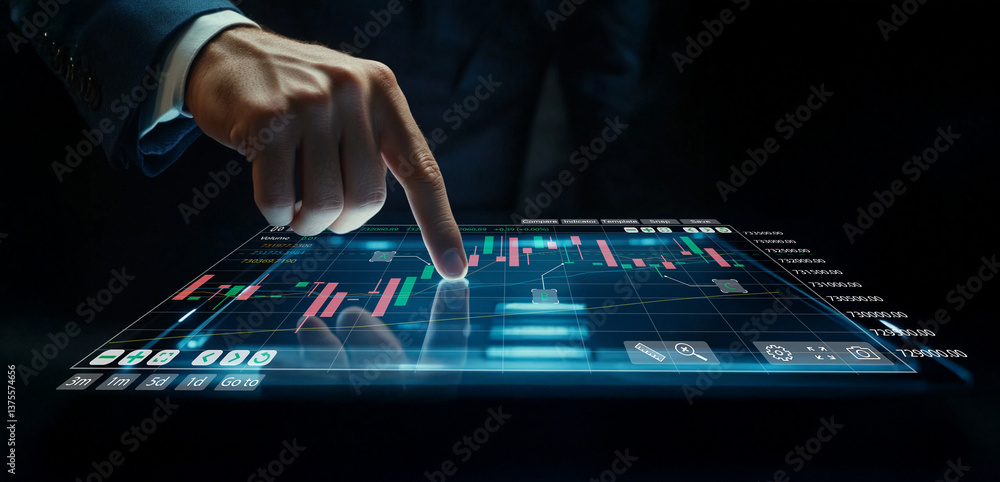 Poster finger tapping on a modern digital tablet displaying stock market analysis and financial data in a d