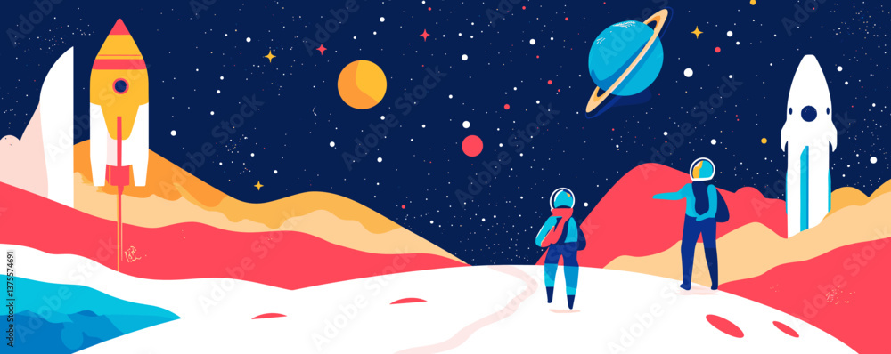 Poster astronauts exploring colorful alien landscape with rockets and planets in space vector.