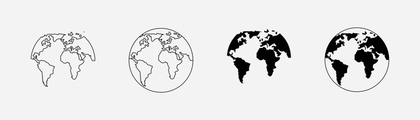 Obraz premium A set of minimalist world map icons, black and white, line art style. 