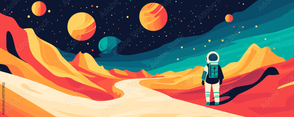 Poster astronaut exploring alien landscape with colorful planets in starry sky - vector.