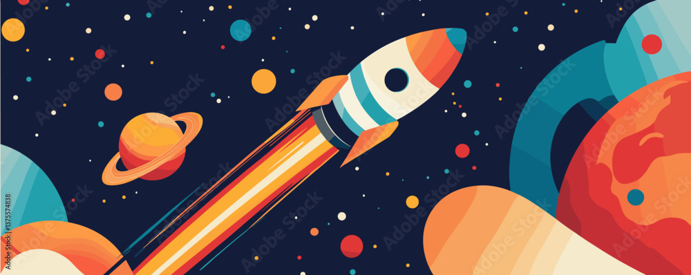Poster colorful space adventure with rocket and planets in outer space - vector.