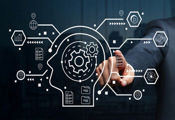 Futuristic digital technology concept with human head silhouette and gears, representing artificial intelligence and innovative data processing systems