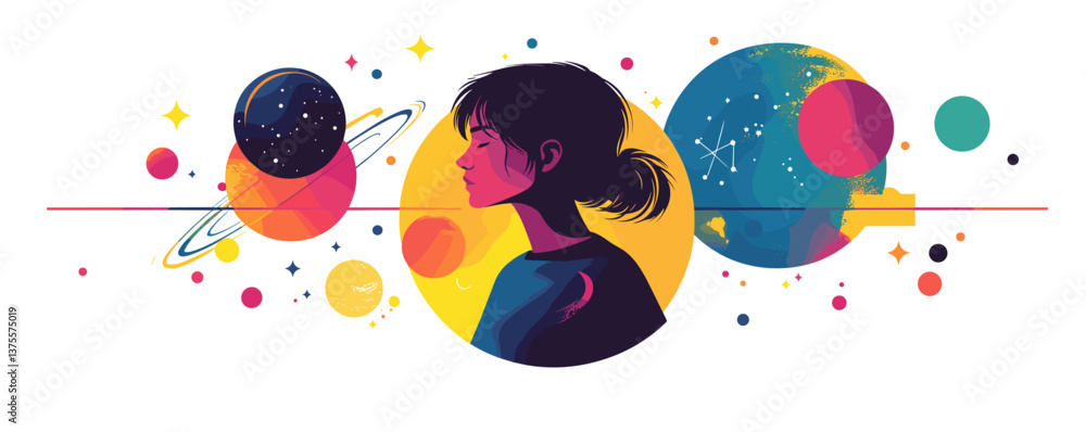 Poster woman in space with planets and stars in a colorful abstract universe - vector.