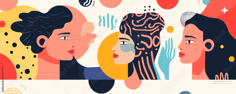 Aufkleber abstract portraits of three diverse faces with artistic patterns vector.
