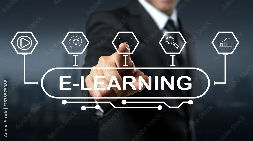 Poster professional man in suit engaging with e-learning concept through touchscreen display in a modern bu