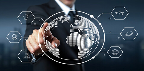 Business professional engaging with digital globe and technology icons, symbolizing global connectivity and modern advancements in communication and innovation