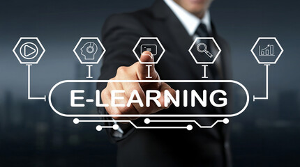 Professional Man in Suit Engaging with E-Learning Concept through Touchscreen Display in a Modern Business Environment