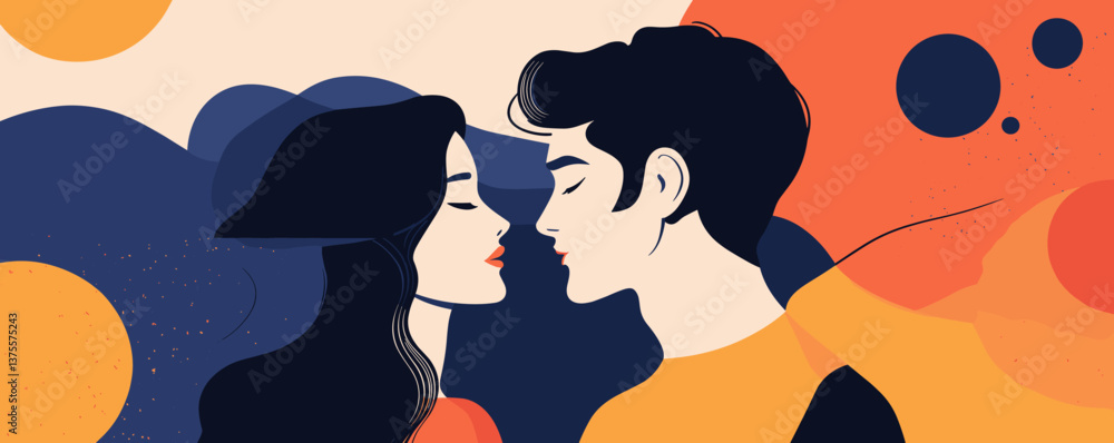 Poster romantic couple in abstract colorful setting with circles and waves - vector.