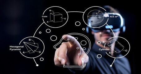 A person using virtual reality headset interacts with geometric shapes and mathematical formulas in a futuristic digital environment