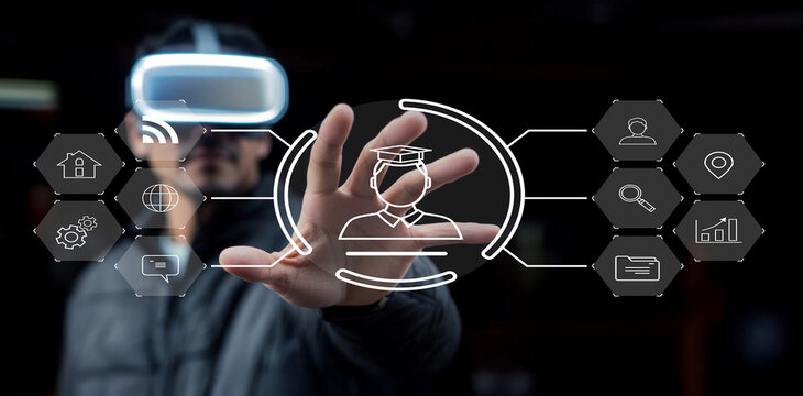 Young man wearing virtual reality headset interacts with futuristic interface, showcasing advanced technology innovation and digital learning experience