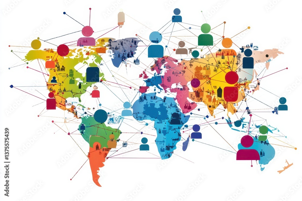 Poster network of connections represented by people icons across a colorful globe showing global interactio