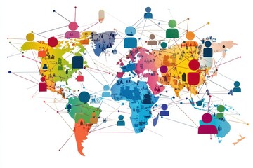 Network of connections represented by people icons across a colorful globe showing global interactions and relationships, network of connections with people icons over globe