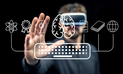 Man wearing virtual reality headset interacting with digital interface showing brain, keyboard, globe, and icons representing technology and education