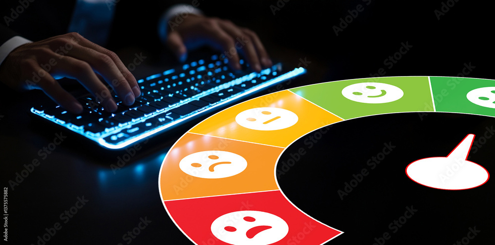 Poster colorful feedback meter displayed next to hands typing on a backlit keyboard in a dark environment, 
