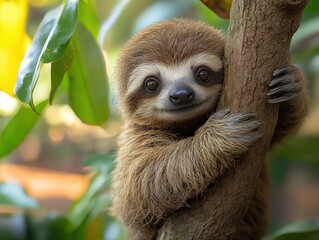Fototapeta premium A charming sloth relaxing on a tree, captured in a stunning close-up. This adorable creature embodies tranquility and the slow pace of the rainforest.