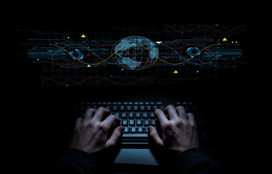 Hands Typing on a Keyboard with Digital World Map Displayed in Background Representing Cybersecurity and Technology Concepts