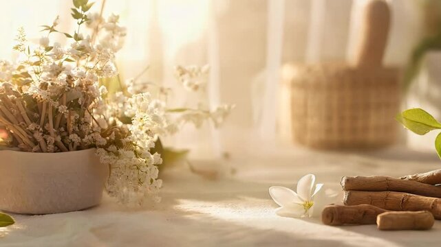 A serene and softly lit composition featuring dried ginseng roots placed on a light surface, accented by delicate white flowers, green leaves, and a rustic woven basket in the background. 