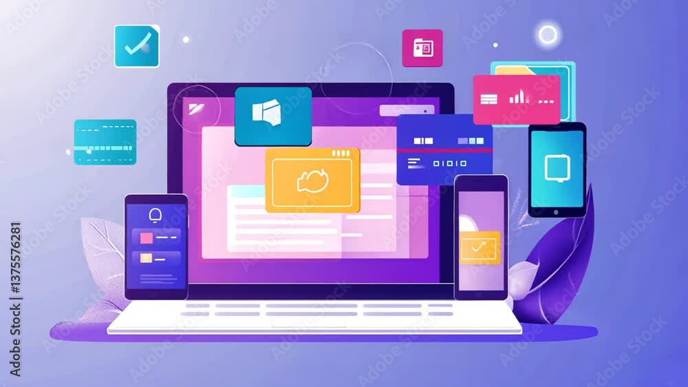 Poster modern tech devices showcasing online tasks and digital workflow management system