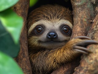 A charming sloth relaxing on a tree, captured in a stunning close-up. This adorable creature embodies tranquility and the slow pace of the rainforest.