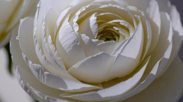 Delicate white ranunculus flower rotating slowly