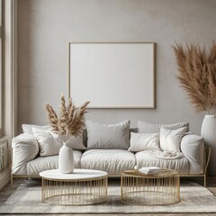 Minimalist Cozy Modern Living Room Design with Gray Sofa and Golden Coffee Tables