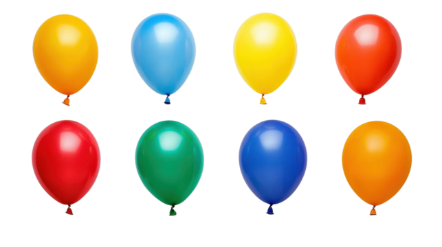 A collection of helium-filled party balloons in bright colors, isolated on transparent background, PNG file.