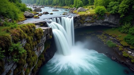 Fototapeta premium Detailed, high-quality photo of Trummelbach Falls, Switzerland during midday with cloudy conditions, shot from above, capturing the waterfall with a moody atmosphere.