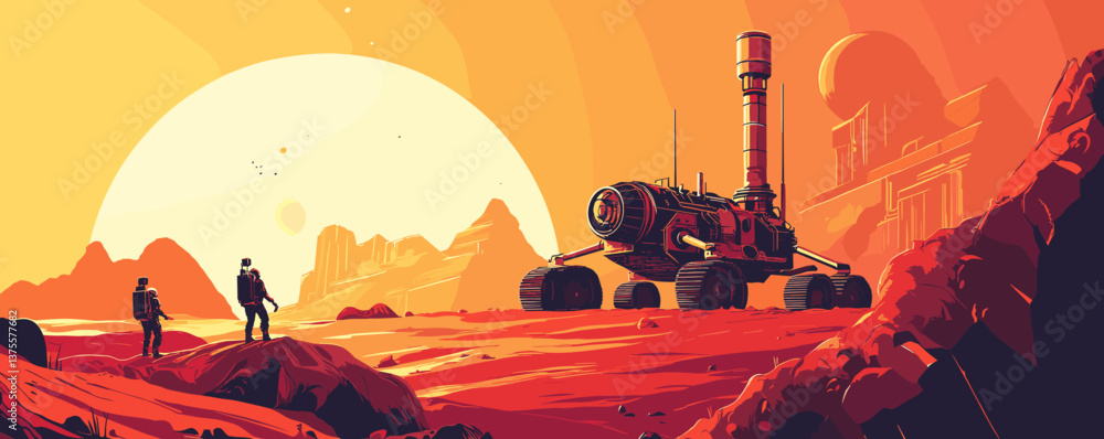 Poster futuristic space exploration scene on mars with rover and astronauts - vector.