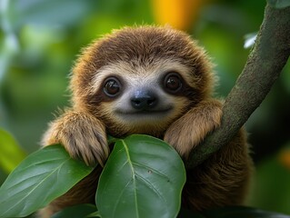 A charming sloth relaxing on a tree, captured in a stunning close-up. This adorable creature embodies tranquility and the slow pace of the rainforest.
