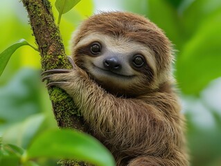 A charming sloth relaxing on a tree, captured in a stunning close-up. This adorable creature embodies tranquility and the slow pace of the rainforest.