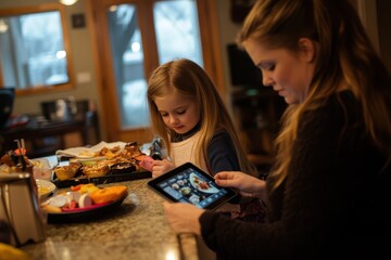 Fototapeta premium Daughter captures vibrant food moments on tablet while mother prepares a delightful meal in cozy kitchen, Daughter taking pictures of food at tablet before eating breakfast with mom in kitchen